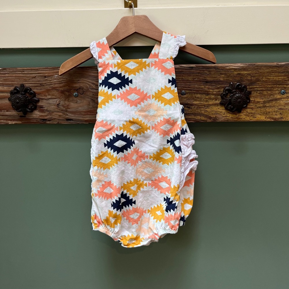 Ricrac & Ruffles Girls 3T Geometric Aztec Ruffle Back‎ Bubble Romper Sunsuit